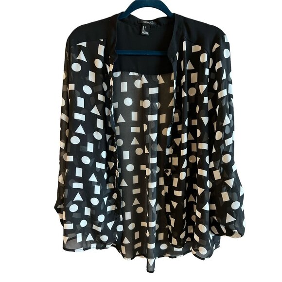 Forever 21 Black & White Geometric Print Sheer Long Sleeve Blouse Size L - Picture 3 of 5